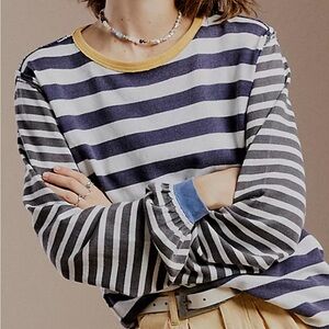 Free People Navy and White Striped Long Sleeve Tee